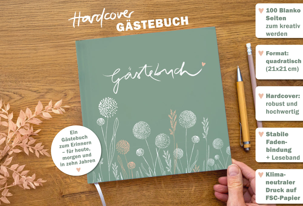 Hochzeitsgästebuch quadratisch, Salbei-Grün mit Schriftzug im Handlettering Design, Hardcover Gästebuch