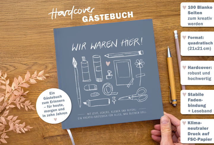 Hochzeitsgästebuch quadratisch, Blau mit Schriftzug im Handlettering Design, Hardcover Gästebuch