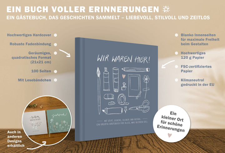 Hochzeitsgästebuch Blau im Handlettering Design mit Blumen, schlicht und zeitlos