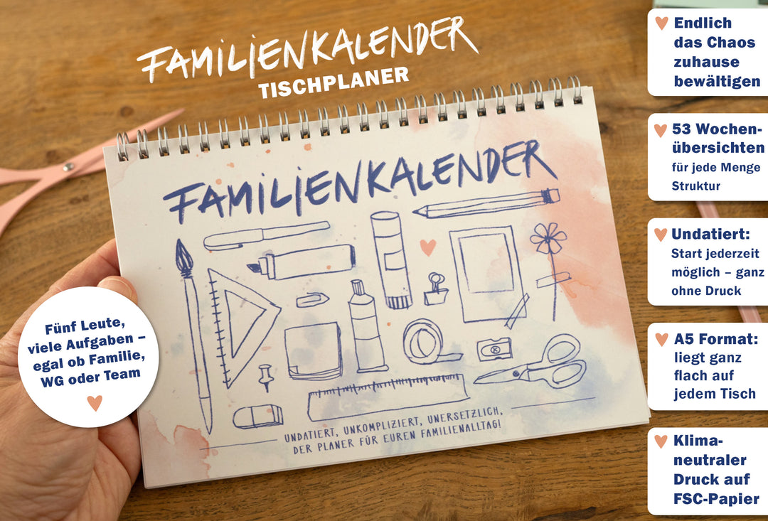 Familienkalender mit 5 Spalten ohne Jahr, A5 Querformat
