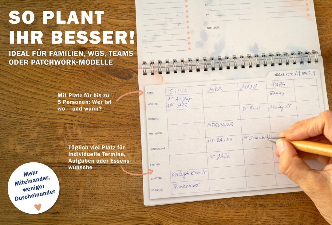 Familienkalender und Familienplaner für 5 Personen, Weiß Blau Korall