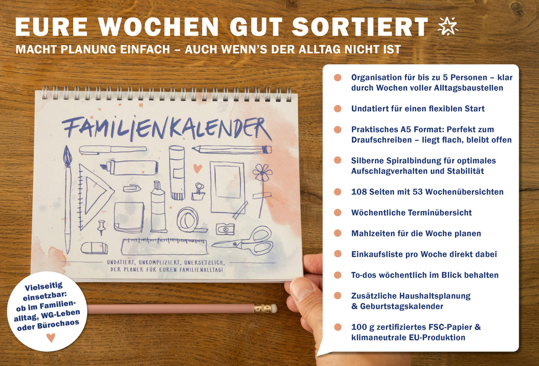A5 Familienplaner undatiert als flexibler Tischkalender mit Haushaltsplan für Familien, Büros, WGs