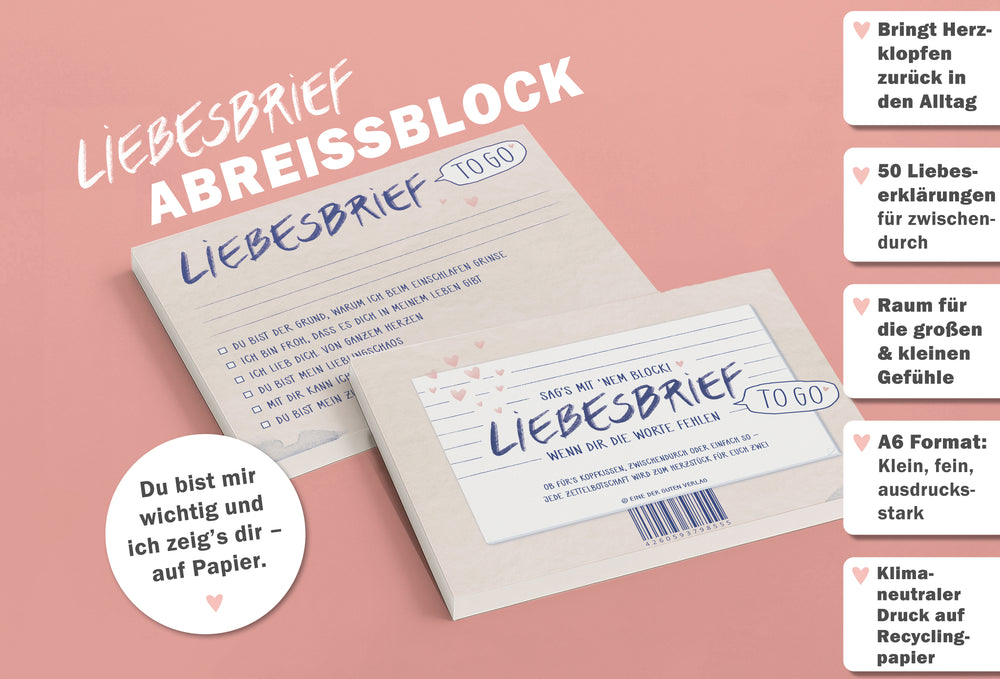 Liebesbrief to go - Abreißblock zum ankreuzen, für verliebte Pärchen, Liebespaare, für Hochzeit, Hochzeitspaar, als Aufmerksamkeit, Liebesbeweis, Brief mit herz, Beige