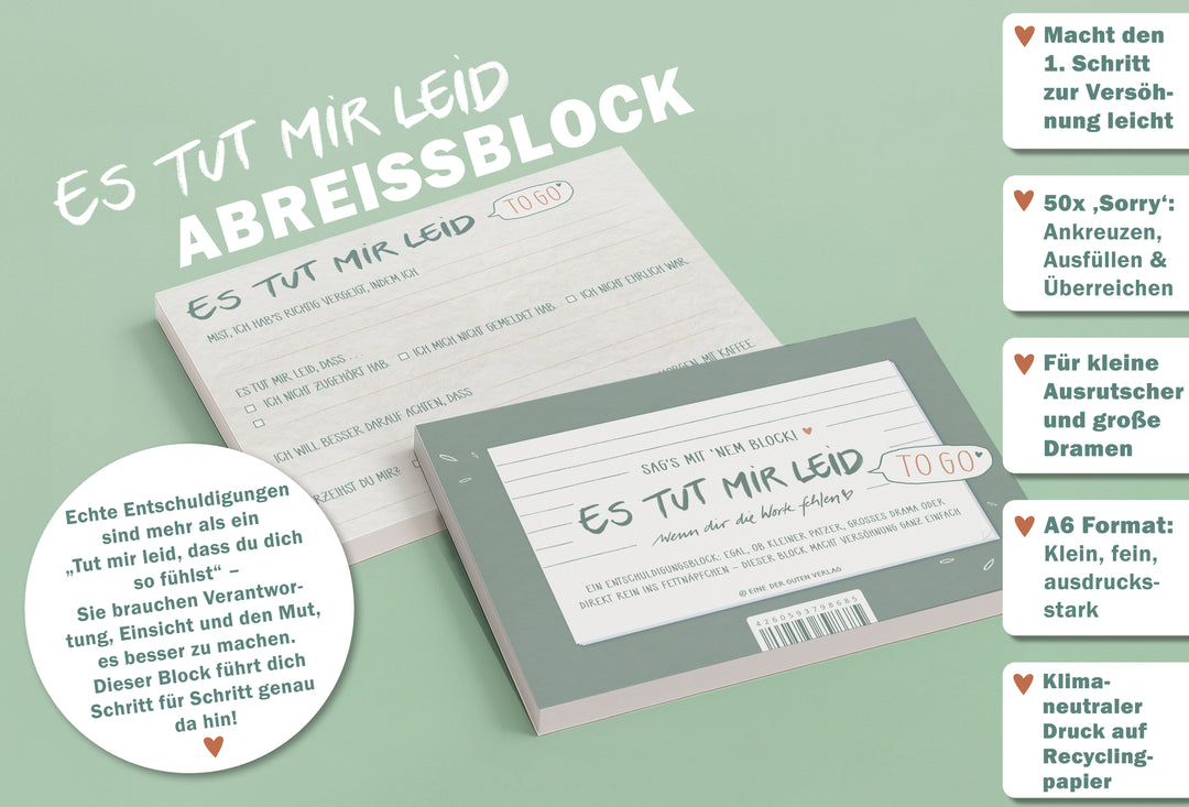 Briefblock to go – Es tut mir leid Entschuldigungsblock | A6 Abreißblock mit 50 Blatt | ehrliche Entschuldigungen statt leerem Sorry