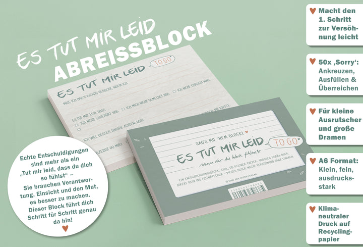 Briefblock to go – Es tut mir leid Entschuldigungsblock | A6 Abreißblock mit 50 Blatt | ehrliche Entschuldigungen statt leerem Sorry
