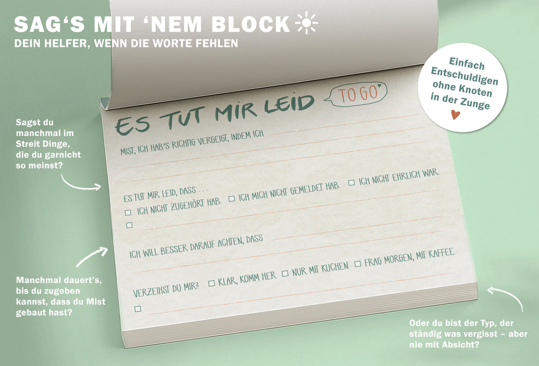 Briefblock to go – Es tut mir leid Entschuldigungsblock | A6 Abreißblock mit 50 Blatt | ehrliche Entschuldigungen statt leerem Sorry