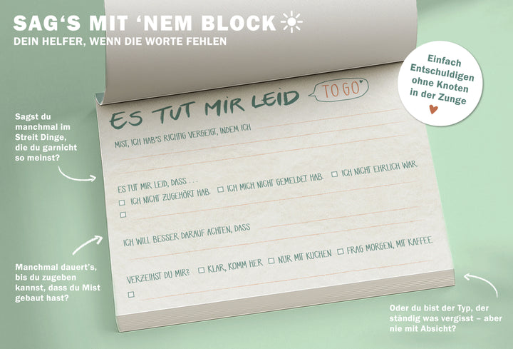 Briefblock to go – Es tut mir leid Entschuldigungsblock | A6 Abreißblock mit 50 Blatt | ehrliche Entschuldigungen statt leerem Sorry