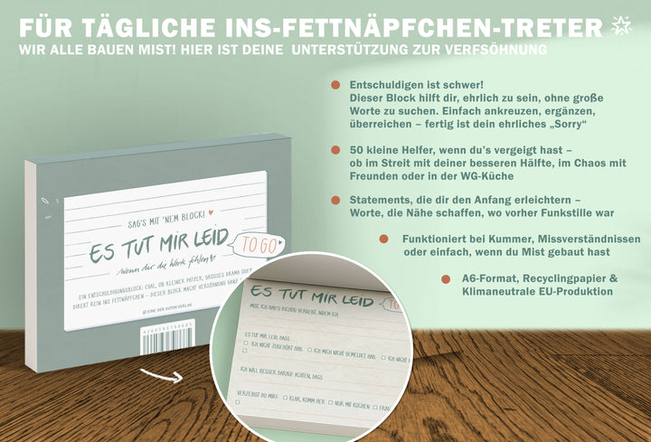Briefblock to go – Es tut mir leid Entschuldigungsblock | A6 Abreißblock mit 50 Blatt | ehrliche Entschuldigungen statt leerem Sorry