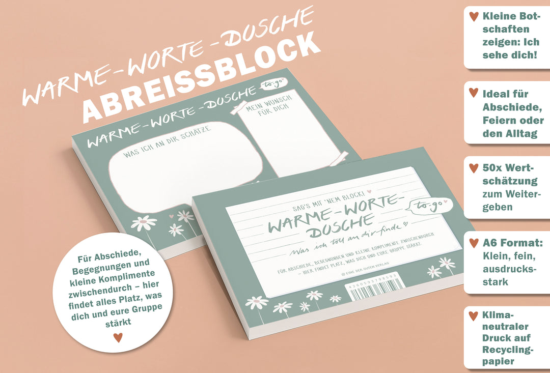 Briefblock – Warme‑Worte‑Dusche to‑go |  A6 Abreißblock mit 50 Blatt | dein Block für echte Komplimente