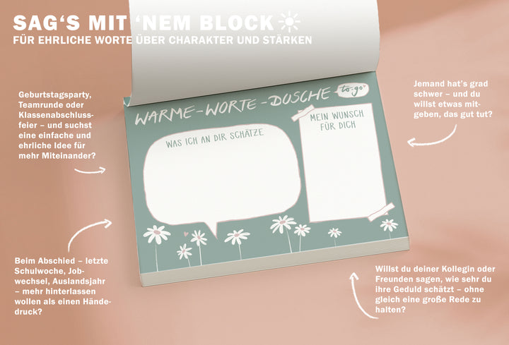 Briefblock – Warme‑Worte‑Dusche to‑go |  A6 Abreißblock mit 50 Blatt | dein Block für echte Komplimente
