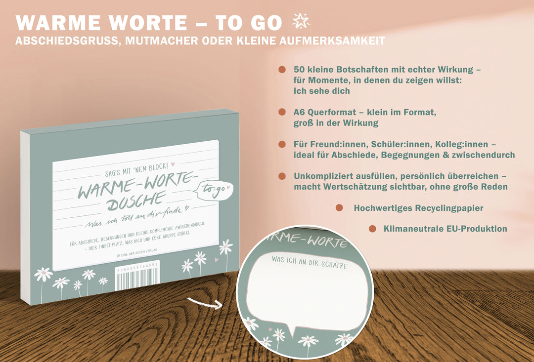 Briefblock – Warme‑Worte‑Dusche to‑go |  A6 Abreißblock mit 50 Blatt | dein Block für echte Komplimente