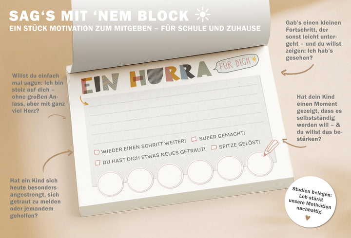 Motivationsblock für Kinder – Ein Hurra | A6 Abreißblock mit 50 Blatt | Wertschätzung & Lobkarten