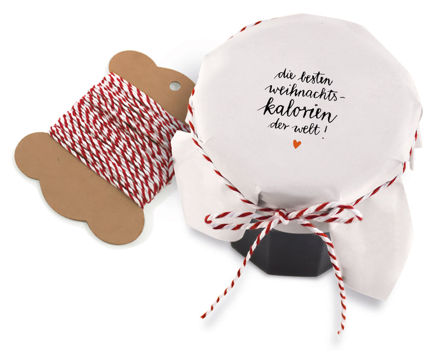 25 Marmeladendeckchen - Weihnachtskalorien - Abreißblock Weiß, Kalligrafie, Gläserdeckchen Marmelade, Recyclingpapier + 10m Bakers Twine, Justiergummi