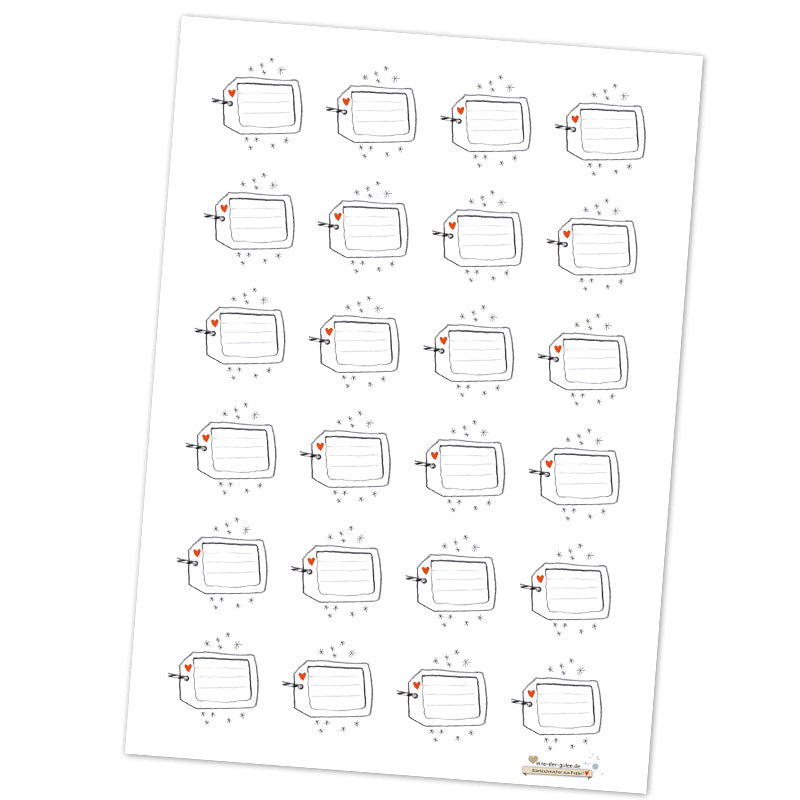 24 runde Sticker in Weiß mit Geschenk-Anhänger Motiv, Freitext, zum Selbstbeschriften, Bleistift Design, 40mm