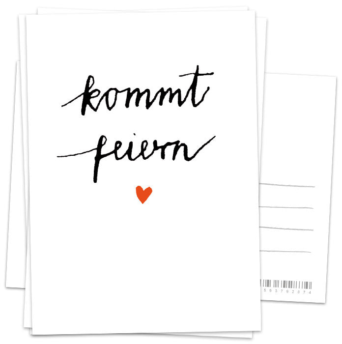 Einladungskarten - Kommt Feiern! - Postkarten, zeitlos schlichtes Kalligrafie Design, Schwarz Weiß, für deine Party oder Geburtstagseinladung