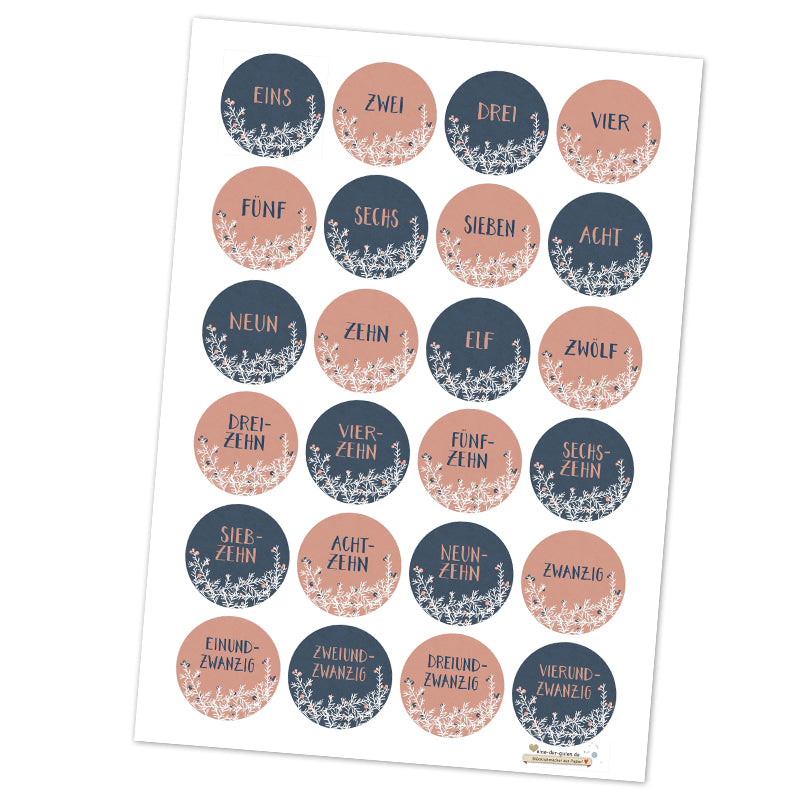 24 Adventskalenderzahlen für Mädchen mit Zweigen, Sticker Mix zum Adventskalender basteln, Rosa Blau, selbstklebend, rund, 40mm