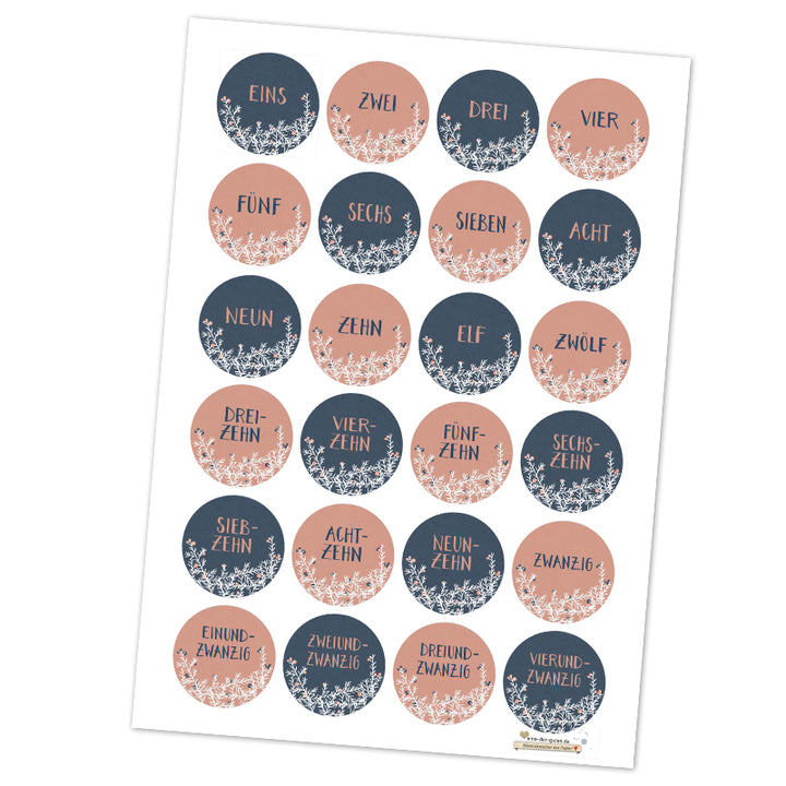 24 Adventskalenderzahlen für Mädchen mit Zweigen, Sticker Mix zum Adventskalender basteln, Rosa Blau, selbstklebend, rund, 40mm
