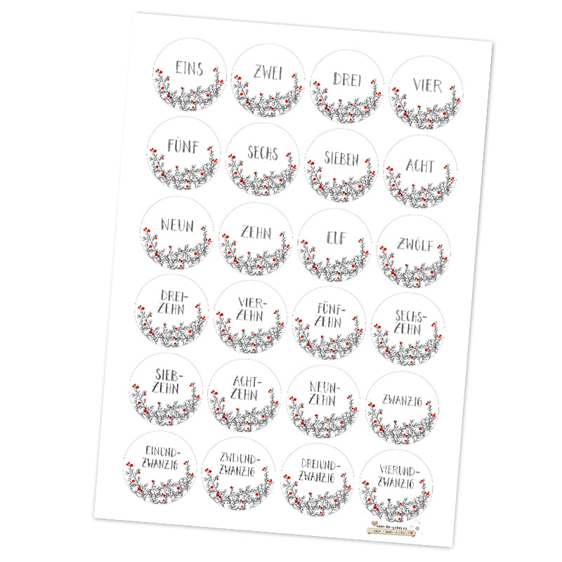 24 Adventskalenderzahlen mit Tannenzweigen, selbstklebende Sticker zum Adventskalender basteln, Weiß Grau, rund, 40 mm