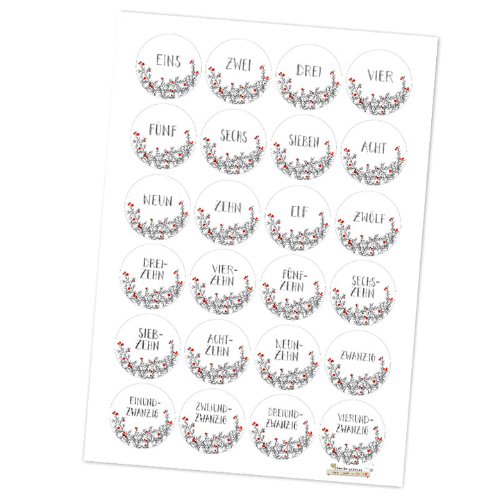 24 Adventskalenderzahlen mit Tannenzweigen, selbstklebende Sticker zum Adventskalender basteln, Weiß Grau, rund, 40 mm