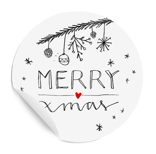 Merry X-mas - 24 runde Sticker im Handlettering Design zum Verpacken deiner Weihnachtsgeschenke | 4 cm, Weiß Grau Rot