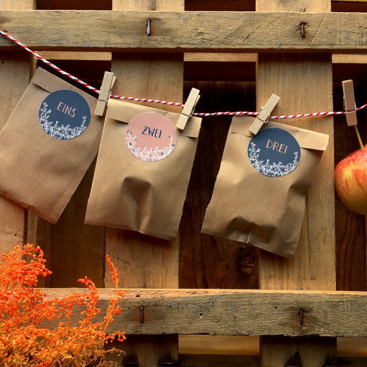 24 Adventskalenderzahlen für Mädchen mit Zweigen, Sticker Mix zum Adventskalender basteln, Rosa Blau, selbstklebend, rund, 40mm