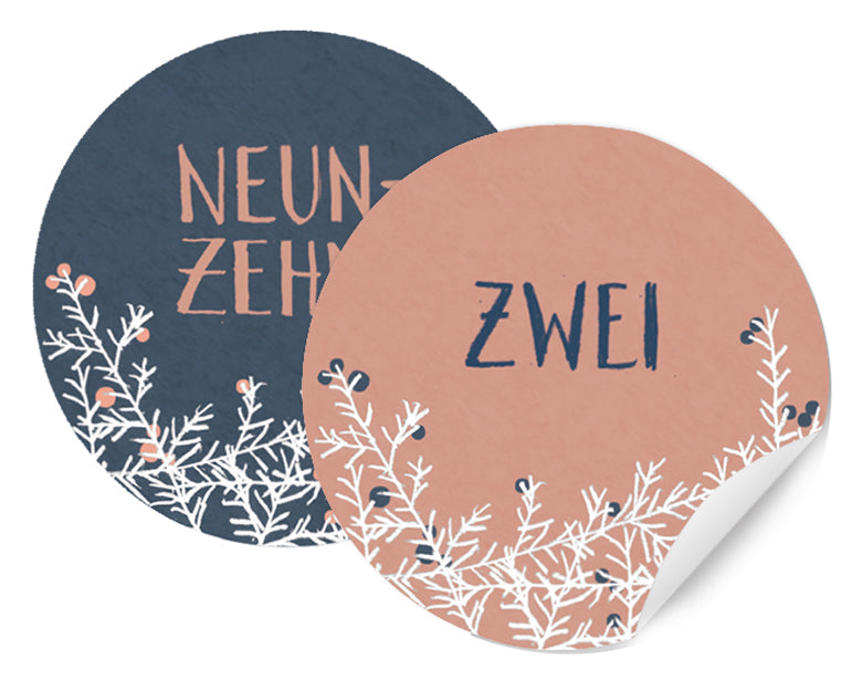 24 Adventskalenderzahlen für Mädchen mit Zweigen, Sticker Mix zum Adventskalender basteln, Rosa Blau, selbstklebend, rund, 40mm