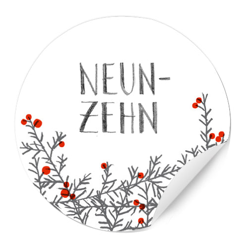 24 Adventskalenderzahlen mit Tannenzweigen, selbstklebende Sticker zum Adventskalender basteln, Weiß Grau, rund, 40 mm