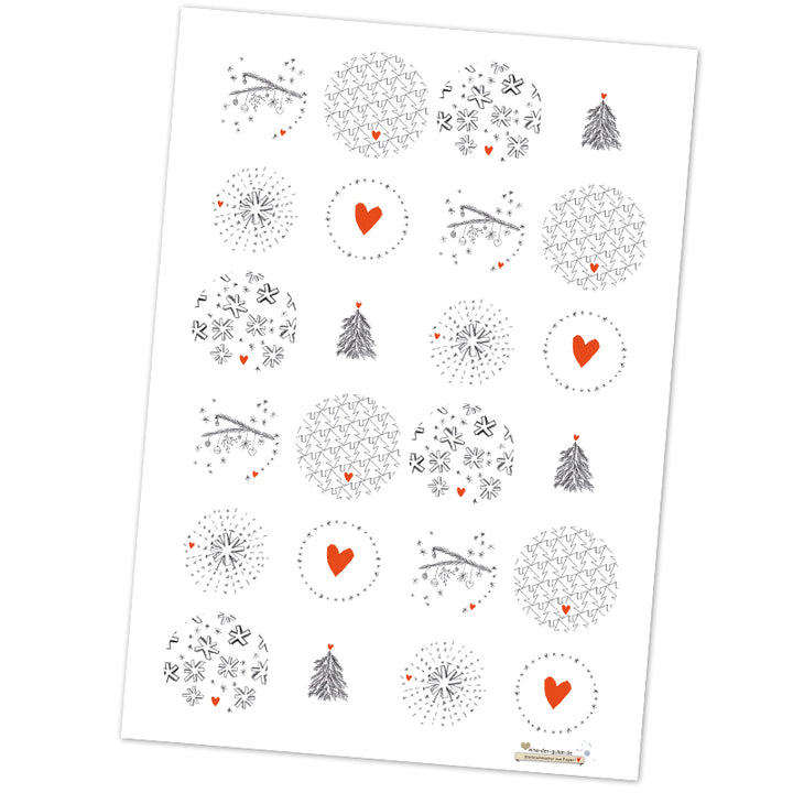 24 Weihnachtsdeko Aufkleber im Bleistift Design, runde Sticker gemischt, 6 Motive, 4 cm - Grau Weiß Rot -