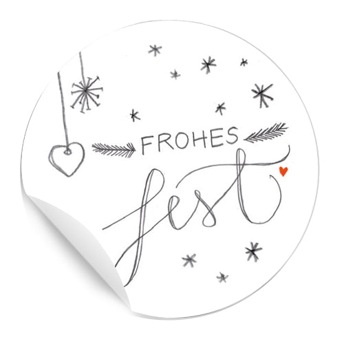 Frohes Fest! 24 runde Sticker im Handlettering Design zum Verpacken deiner Weihnachtsgeschenke, 4cm, Weiß Grau Rot