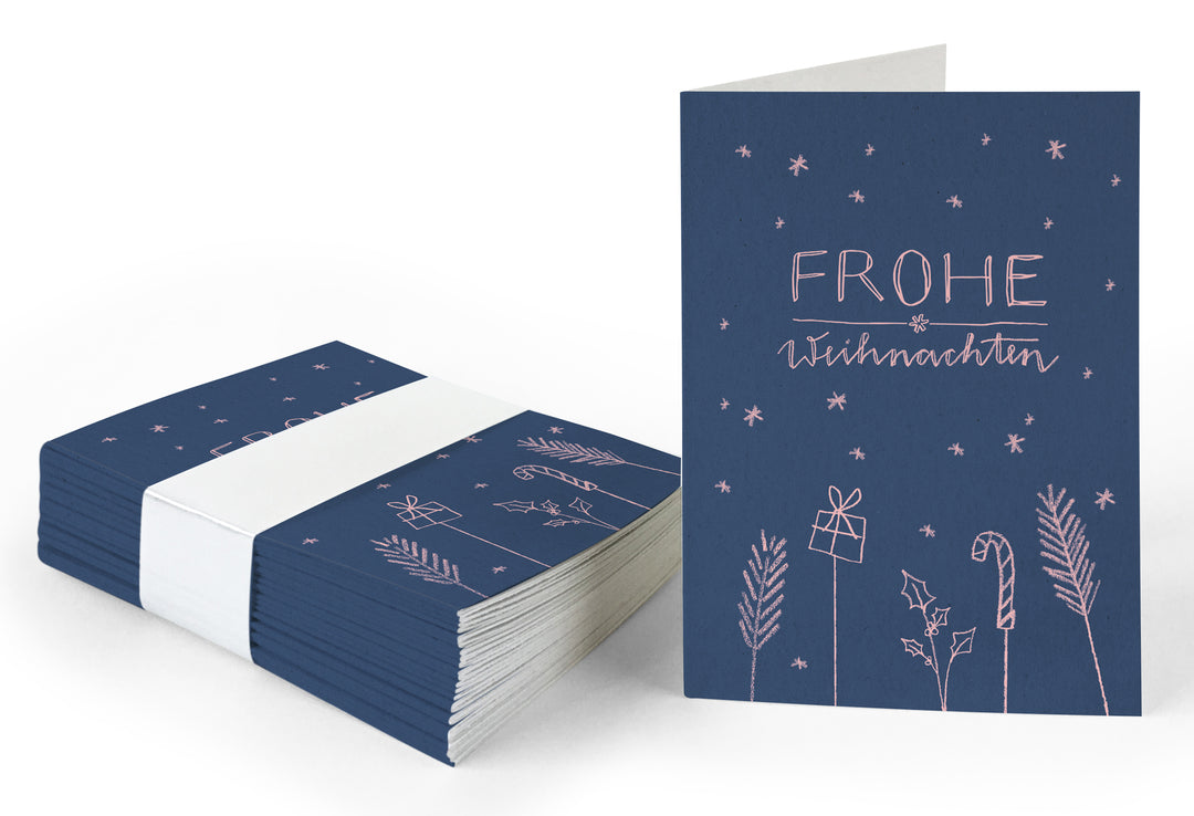 25 Geschenkanhänger frohe Weihnachten Blau Rosa | originelle mini Weihnachtskarten zum Weihnachtsgeschenke Beschriften | A7 Recyclingpapier Klappkarten