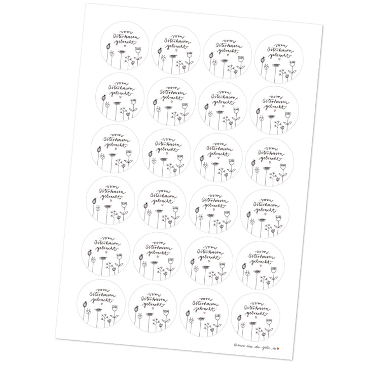 Ostersticker - vom Osterhasen gebracht | 24 gemischte Aufkleber mit Blumen im DIY Design | Weiß mit Rosa Herz | zum Ostergrüße Verzieren