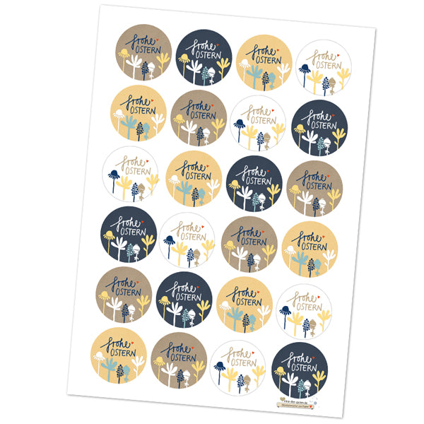 24 gemischte Ostersticker - Frohe Ostern - Vintage Scherenschnitt Design mit Blumen, 4 Motive in Beige Blau Gelb Weiß, zum Verzieren deiner Ostergrüße