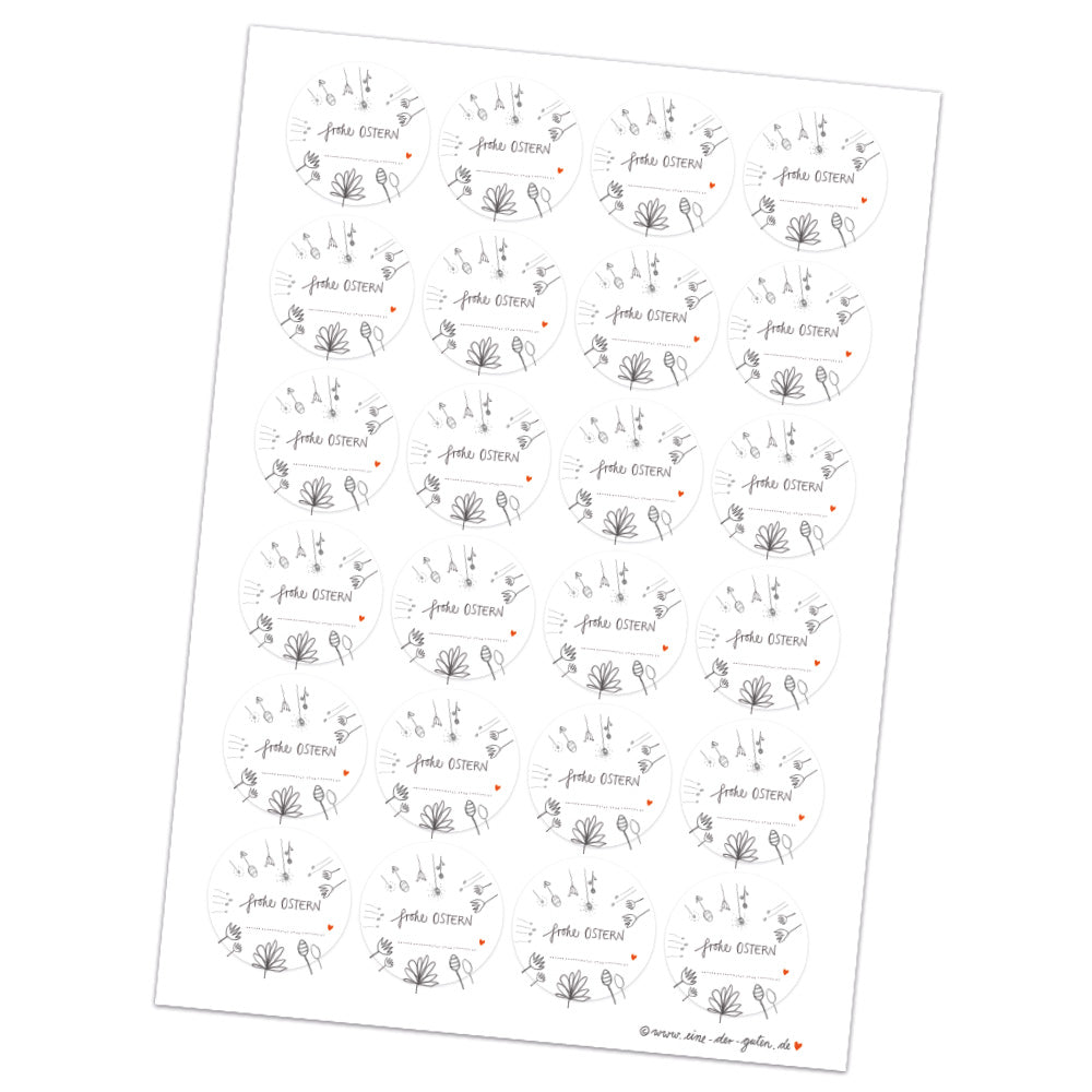 Ostersticker Frohe Ostern ... | 24 Aufkleber mit Blumen zum Beschriften im DIY Bleistift Design | Weiß Grau Rot | zum Ostergrüße Verzieren