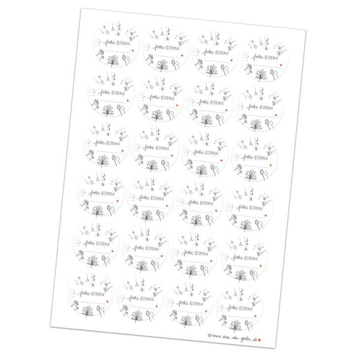 Ostersticker Frohe Ostern ... | 24 Aufkleber mit Blumen zum Beschriften im DIY Bleistift Design | Weiß Grau Rot | zum Ostergrüße Verzieren