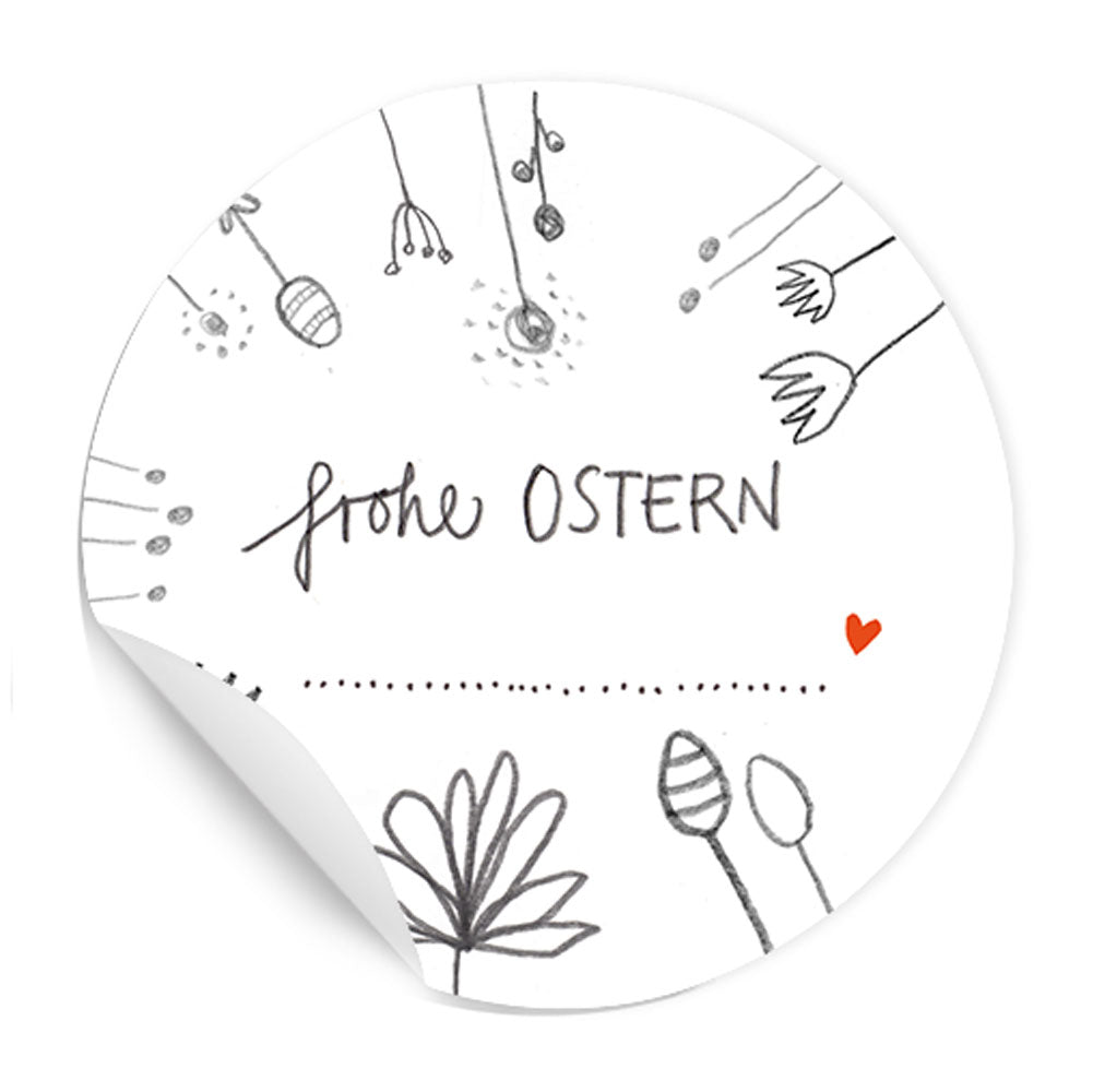 Ostersticker Frohe Ostern ... | 24 Aufkleber mit Blumen zum Beschriften im DIY Bleistift Design | Weiß Grau Rot | zum Ostergrüße Verzieren