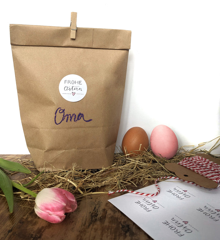 Ostersticker Frohe Ostern ♥ | 24 Aufkleber Weiß mit Rosa Herz | zum Ostergrüße Verzieren