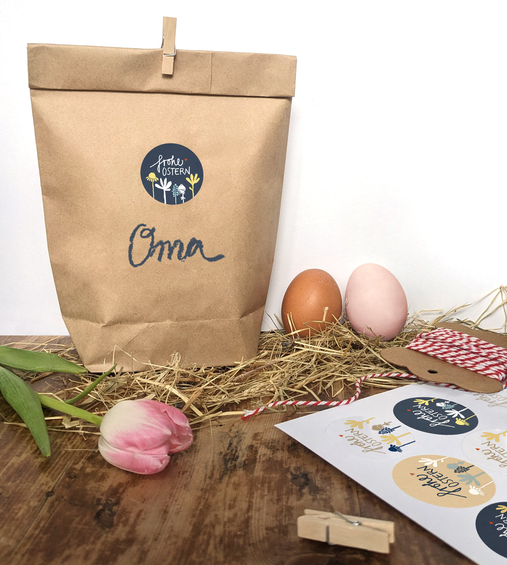 24 gemischte Ostersticker - Frohe Ostern - Vintage Scherenschnitt Design mit Blumen, 4 Motive in Beige Blau Gelb Weiß, zum Verzieren deiner Ostergrüße