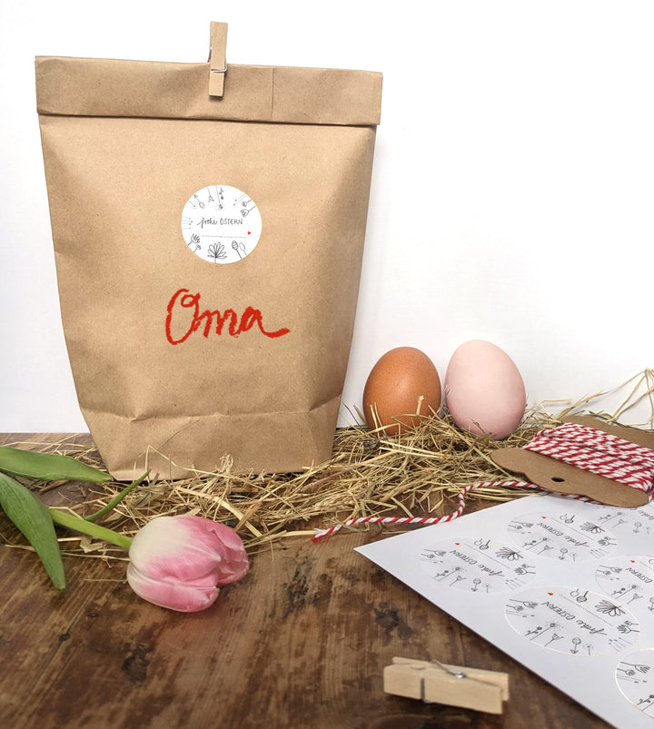 Ostersticker Frohe Ostern ... | 24 Aufkleber mit Blumen zum Beschriften im DIY Bleistift Design | Weiß Grau Rot | zum Ostergrüße Verzieren