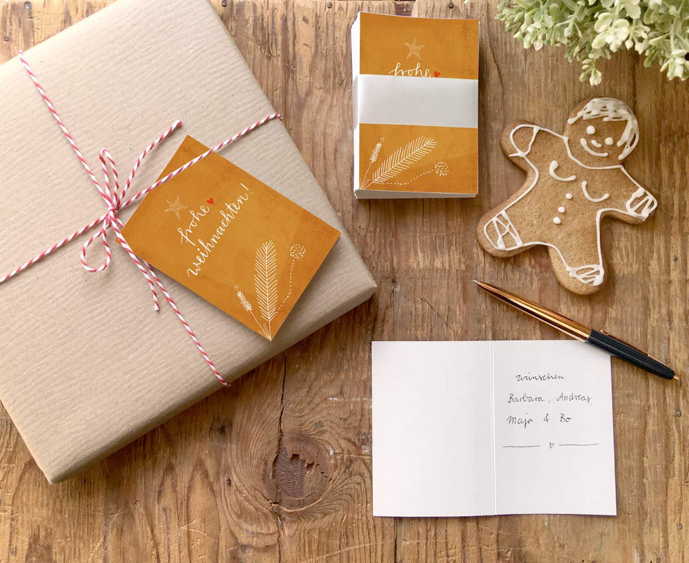 25 Geschenkanhänger frohe Weihnachten! KUPFER | originelle mini Weihnachtskarten zum Weihnachtsgeschenke Beschriften | A7 Recyclingpapier Klappkarten