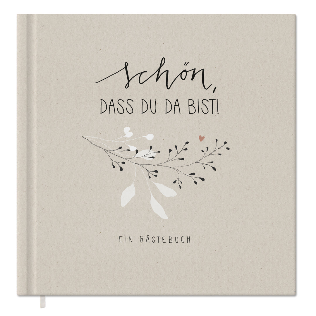 Hochzeitsgästebuch Creme - Schön dass du da bist | Gästebuch für Hochzeit, Geburtstag, Taufe | klimaneutrales FSC-Papier | 21x21 cm, Hardcover