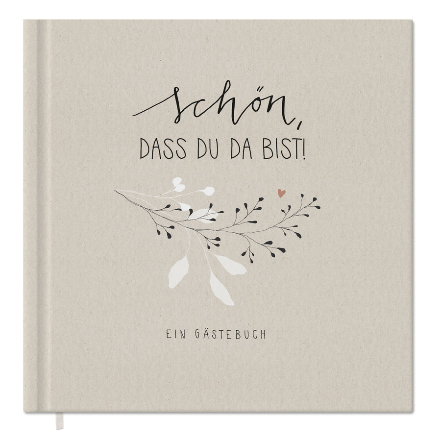 Hochzeitsgästebuch Creme - Schön dass du da bist | Gästebuch für Hochzeit, Geburtstag, Taufe | klimaneutrales FSC-Papier | 21x21 cm, Hardcover