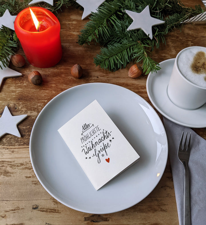 25 Geschenkanhänger allerfröhlichste Weihnachtsgrüße WEISS | mini Weihnachtskarten zum Weihnachtsgeschenke Beschriften | A7 Recyclingpapier Klappkarten