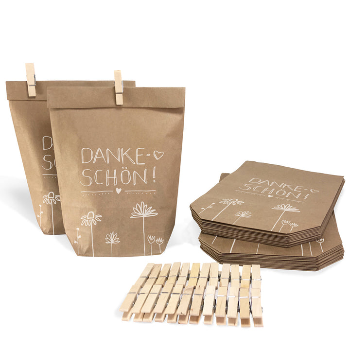 24 Geschenktüten - Dankeschön | für Gastgeschenke, Mitgebsel zur Hochzeit, Taufe, Konfirmation & Kommunion | 14,5cm x 22 cm | inkl. 24 FSC Holz Miniklammern