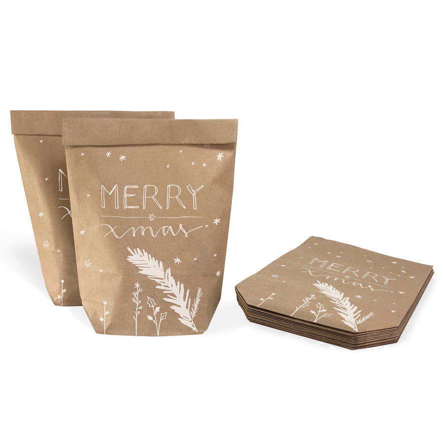 12 Weihnachtstüten Geschenktüten - merry xmas | Geschenkpapier Alternative für Weihnachtsgeschenke, Plätzchen, Kekse | 14 cm x 22 cm