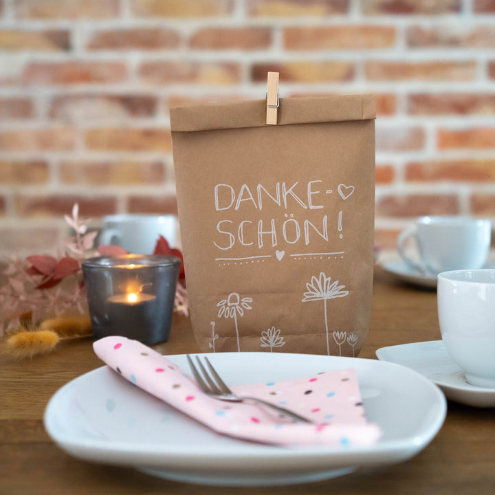 12 Geschenktüten - Dankeschön | für Gastgeschenke, Mitgebsel zur Hochzeit, Taufe, Konfirmation & Kommunion | 14,5cm x 22 cm | beige weiß