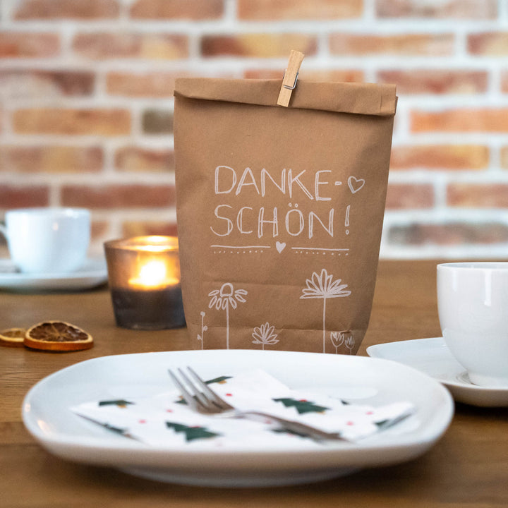 12 Geschenktüten - Dankeschön | für Gastgeschenke, Mitgebsel zur Hochzeit, Taufe, Konfirmation & Kommunion | 14,5cm x 22 cm | beige weiß