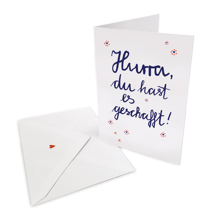 Grußkarte zur Prüfung - Hurra, du hast es geschafft! | originelle Glückwunschkarte zum Abitur, Diplom, Abschluss, Führerschein | Klappkarte mit Umschlag