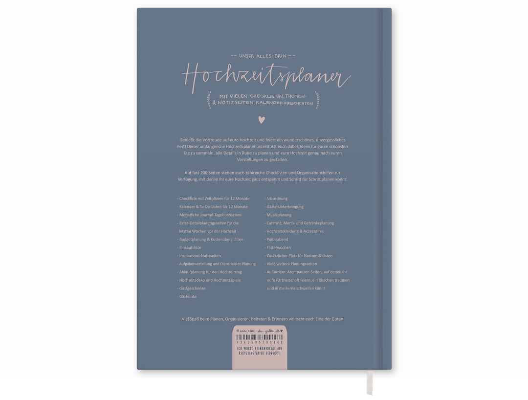 Hochzeitsplaner mit vielen Checklisten, Zeitplan, To-do-Listen, A5 Wedding Planner Notizbuch, 184 S., Hardcover, blau rosa, Recyclingpapier, klimaneutral