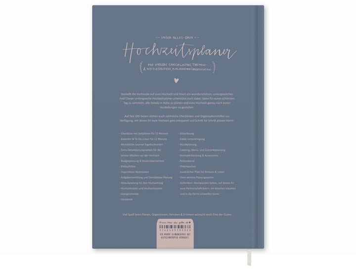 Hochzeitsplaner mit vielen Checklisten, Zeitplan, To-do-Listen, A5 Wedding Planner Notizbuch, 184 S., Hardcover, blau rosa, Recyclingpapier, klimaneutral