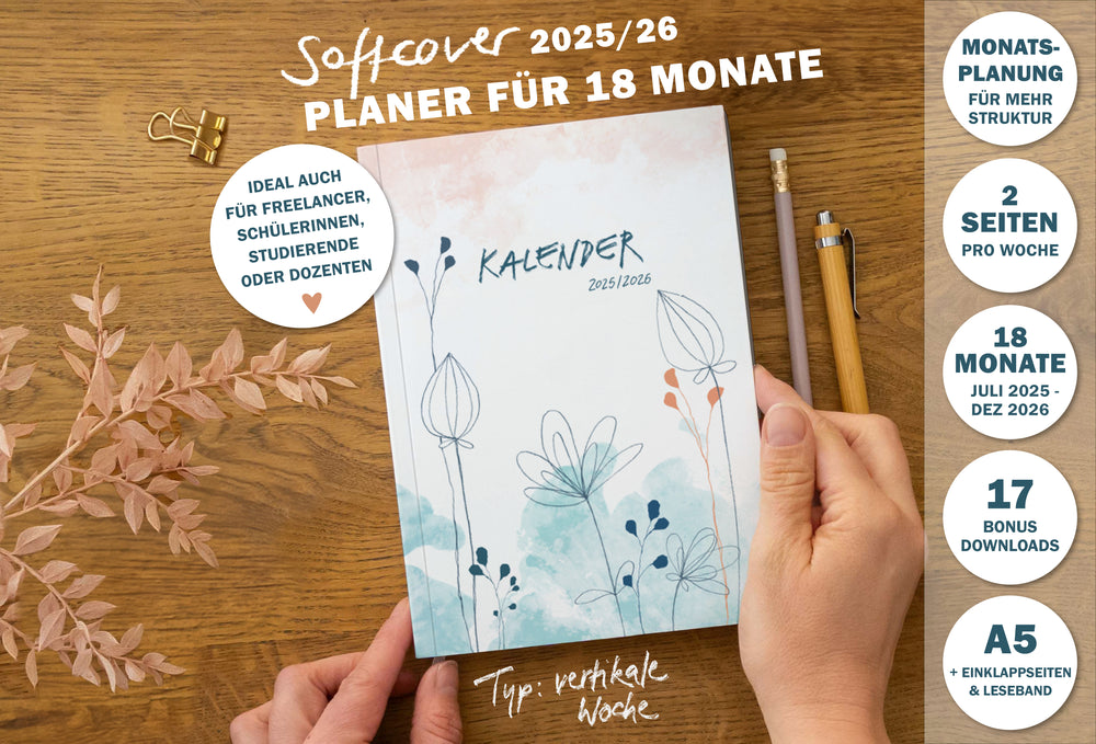 A5 Terminkalender – Studienplaner 2025 2026 | 18 Monate Wochenplaner mit Leseband | Softcover Terminplaner im Spalten-Layout | Weiß Blau Rosa